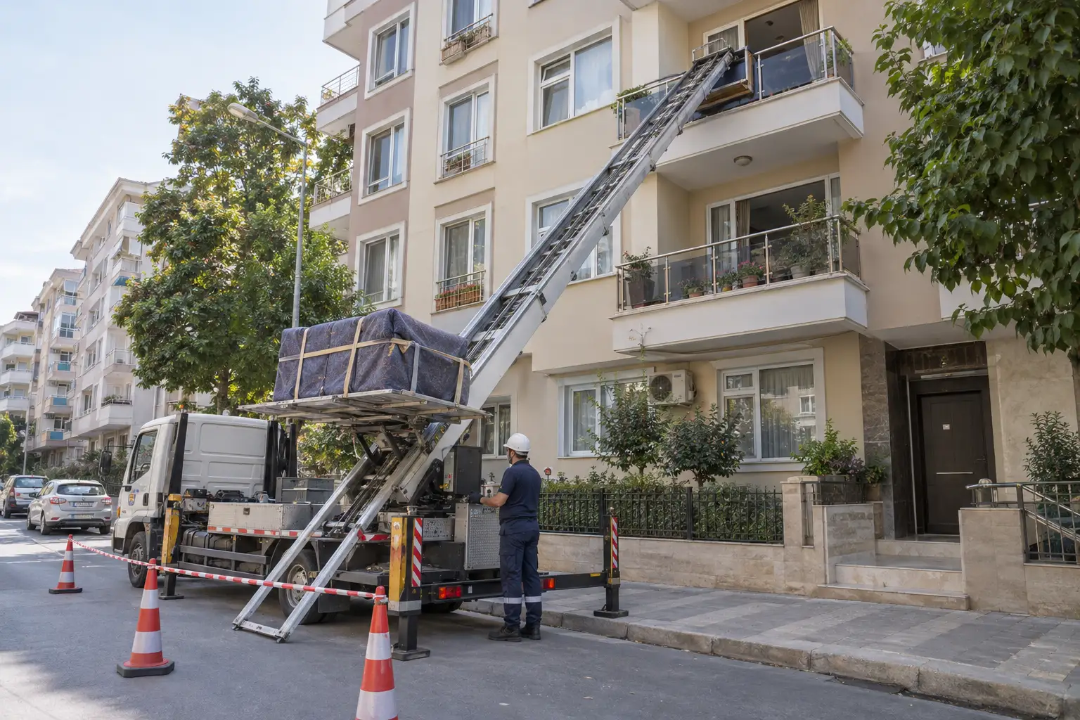 Apartman balkonuna uzanan dış cephe yük asansörü ve ambalajlanmış eşya.