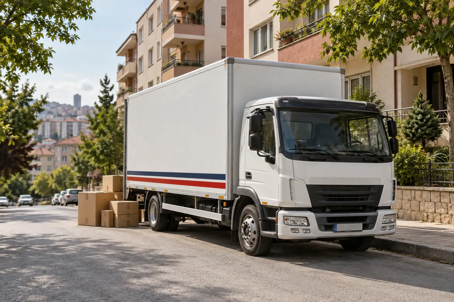 Apartmanların bulunduğu bir sokakta kapalı kasa nakliye kamyonu.